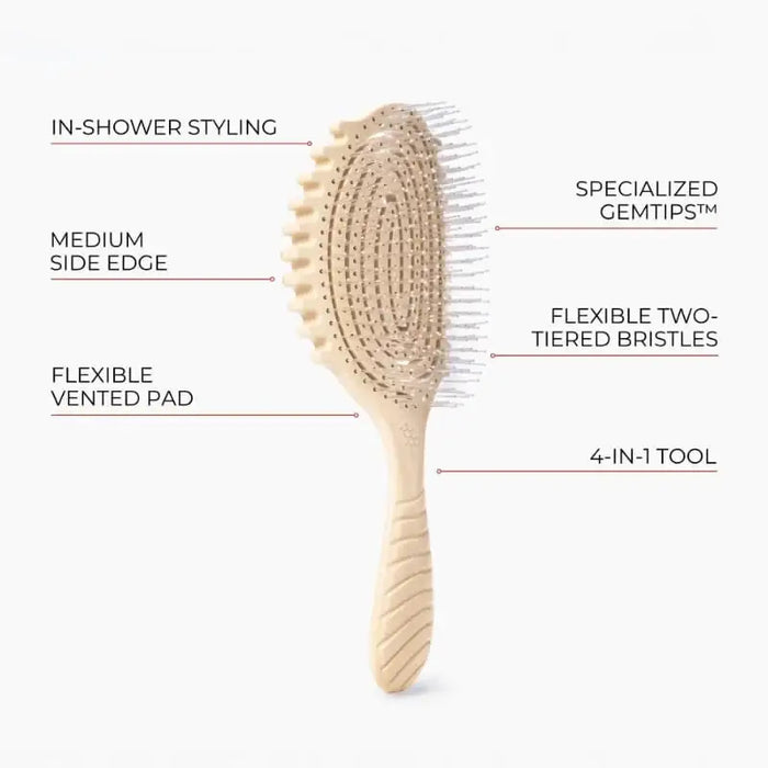 4-in-1 curly hair brush with flexible vented pad, specialized gemtips, and two-tiered bristles for in-shower styling