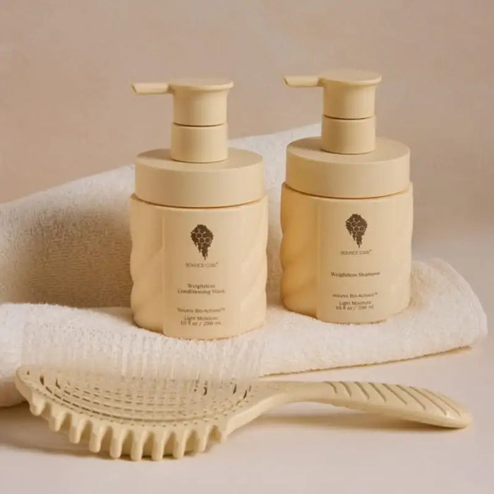 Bounce Curl weightless shampoo and conditioning mask with detangling brush for curly hair care