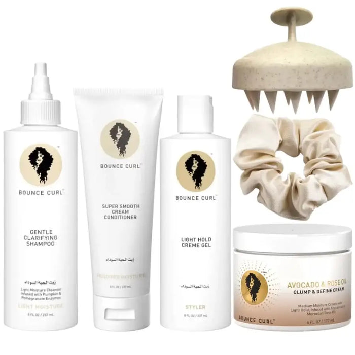 Bounce Curl hair care set with shampoo, conditioner, gel, cream, scrunchie, and scalp massager for curly hair