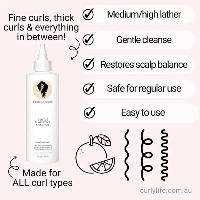 Bounce Curl Gentle Clarifying Shampoo for all curl types, restores scalp balance, safe for regular use
