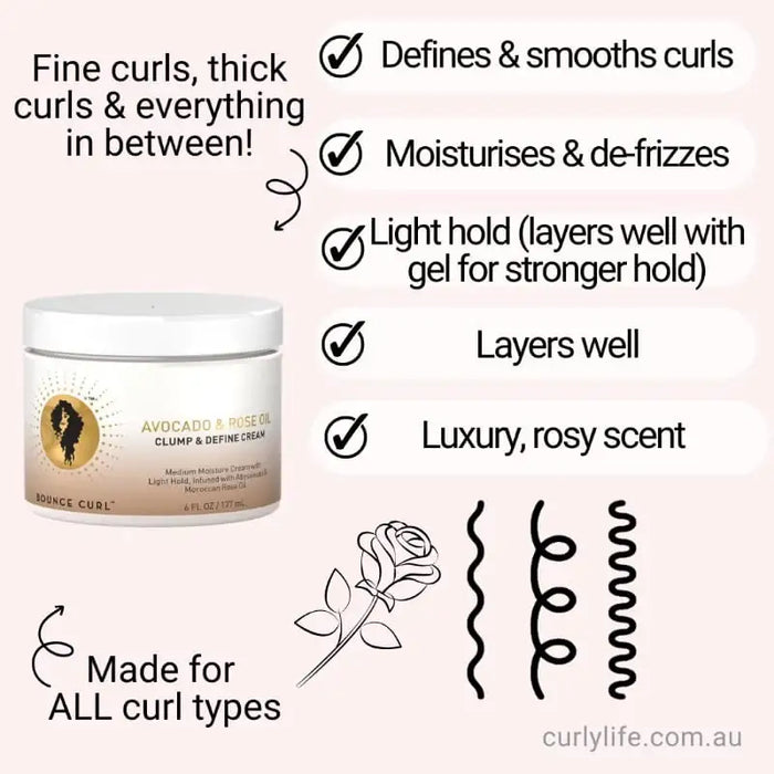 Avocado & Rose Oil Clump & Define Cream for all curl types, defines, moisturizes, and layers well with luxury scent