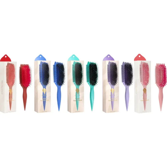Colorful curl brushes for defined, bouncy curls with ergonomic handles and soft bristles