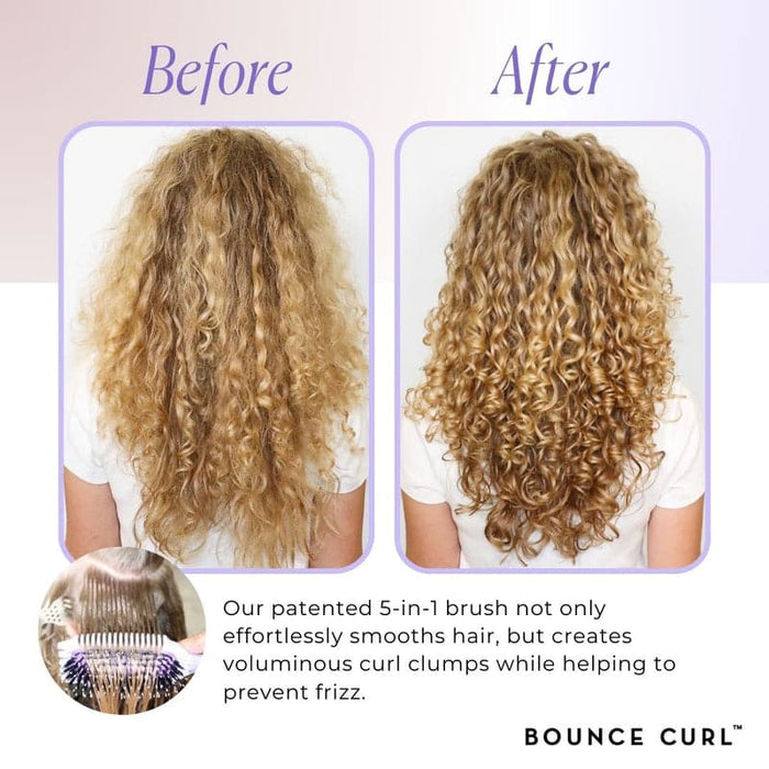 Before and after curly hair transformation using Bounce Curl 5-in-1 brush for smooth, voluminous curls