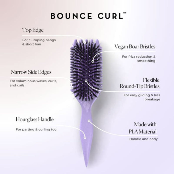 Purple Bounce Curl brush with vegan boar bristles, flexible tips, and hourglass handle for curly hair styling