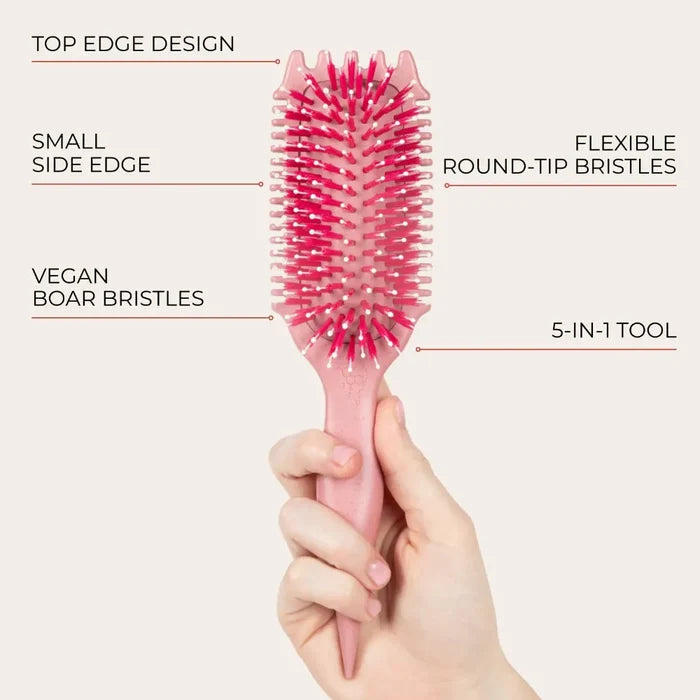 Pink 5-in-1 curly hair brush with flexible round-tip & vegan boar bristles for detangling curls