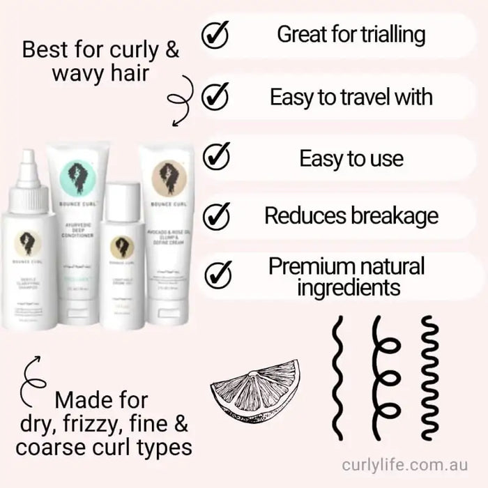 Bounce Curl hair care set for curly & wavy hair, featuring natural ingredients to reduce breakage and suit all curl types