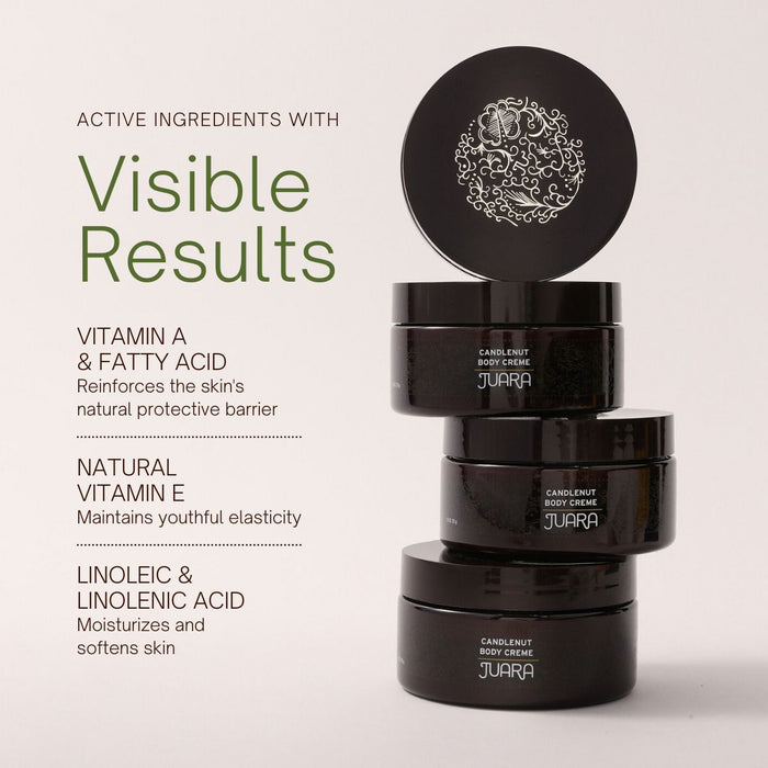 Stack of black JUARA body creme jars with product details on a light background