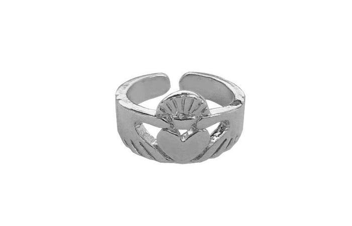 Claddagh toe ring with silver overlay, adjustable, front view