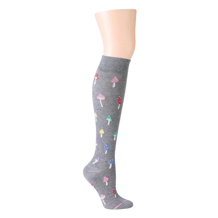 Knee-high gray compression sock featuring colorful mushroom patterns throughout.