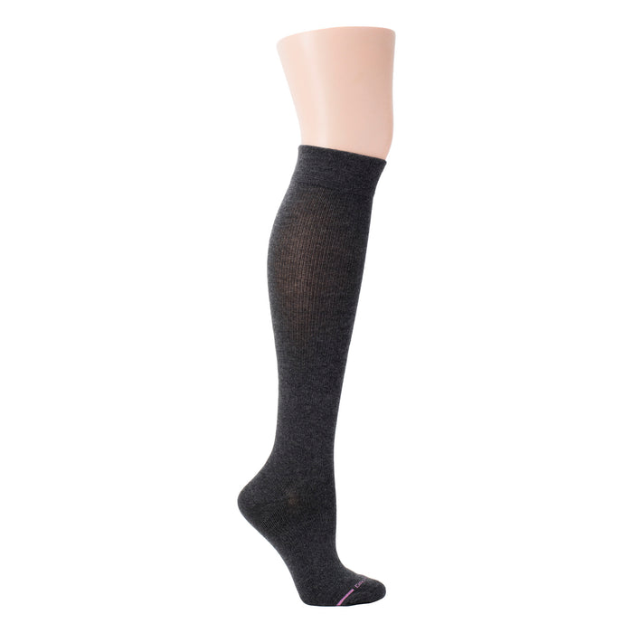 Dark gray knee-high compression sock with a wide calf design, displayed on a mannequin leg.