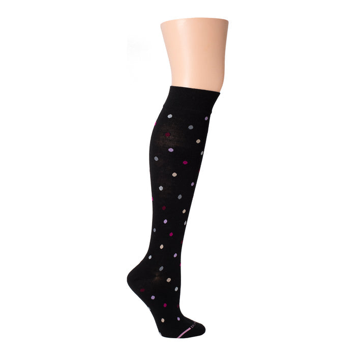 Black knee-high compression socks with colorful polka dots, designed for wide calves.