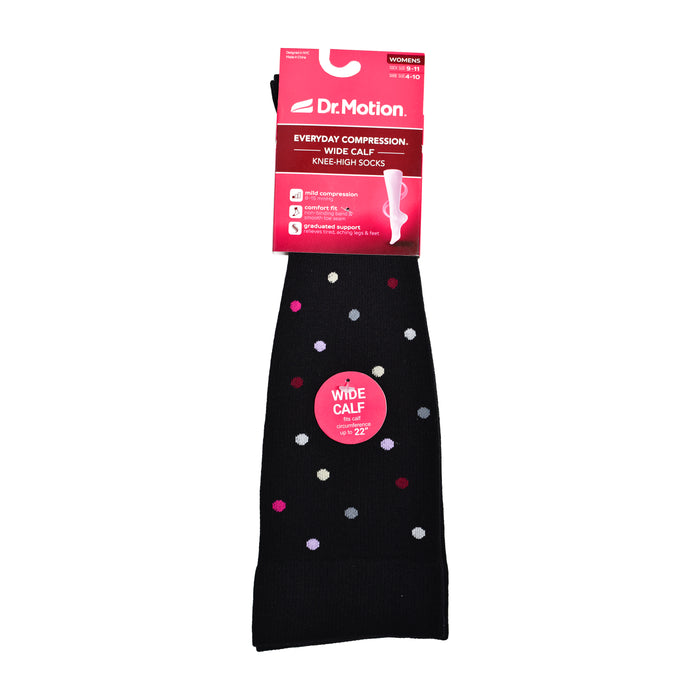 Black knee-high compression socks with colorful polka dots and a "Wide Calf" label for women.