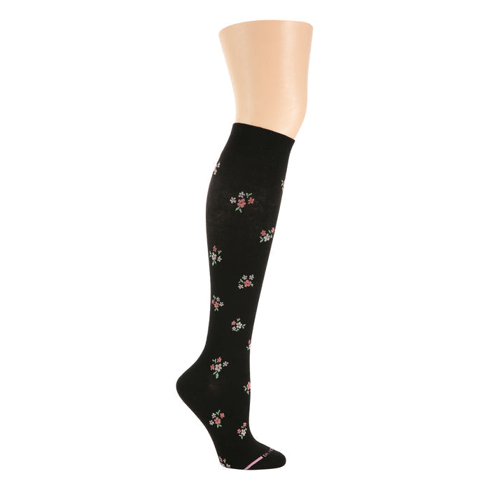 Knee-high black compression socks with a floral pattern in pink and green.
