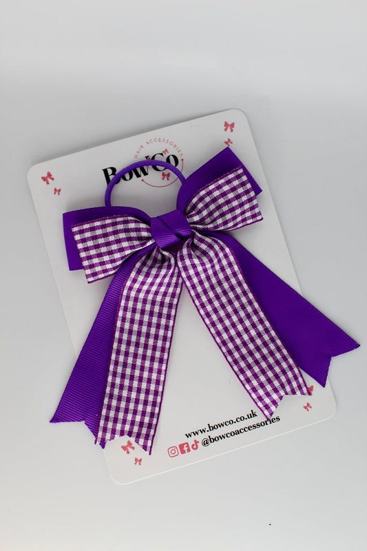 Double Ribbon Tail Bow - School Bow Purple Gingham - Elastic