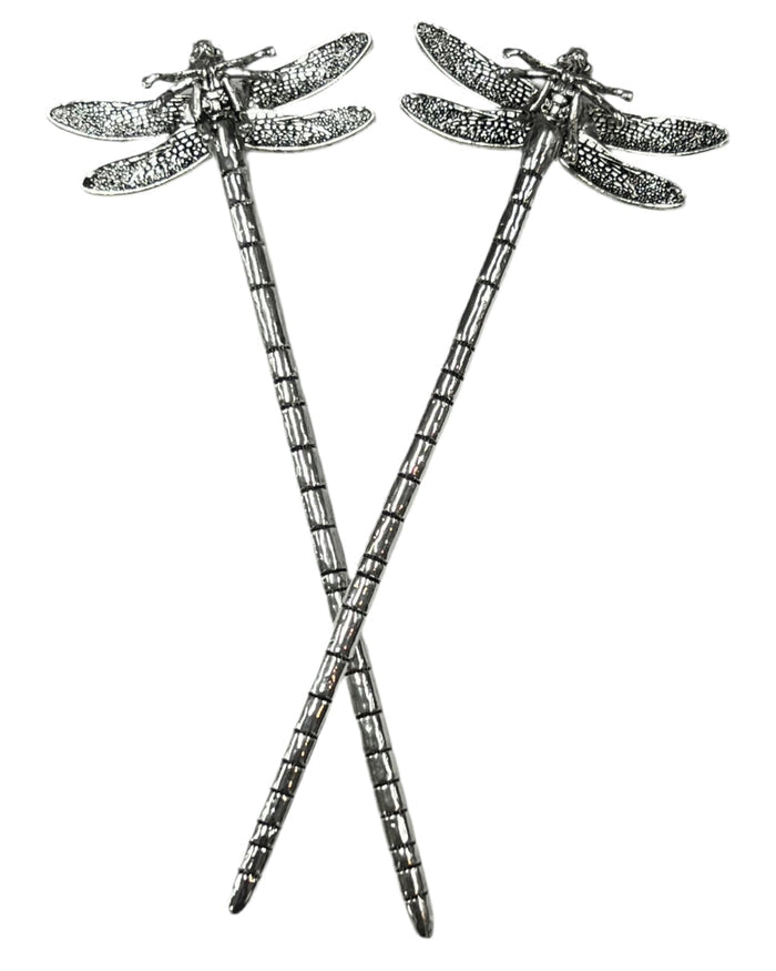Silver Dragonfly Hair Sticks crossed together, front view with detailed dragonfly wing design.