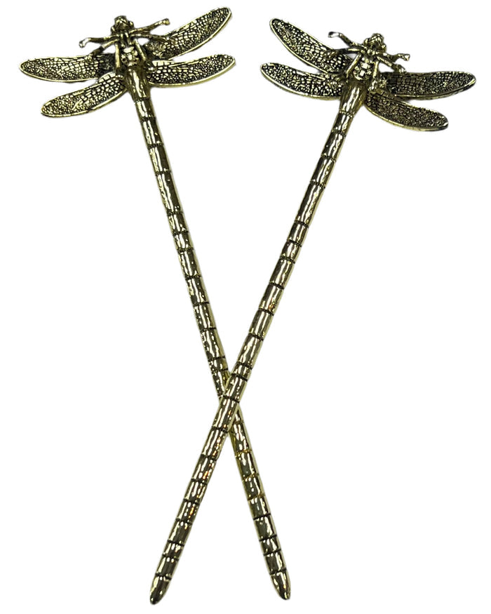 Dragonfly hair sticks crossed together, front view, available in silver and gold finish.