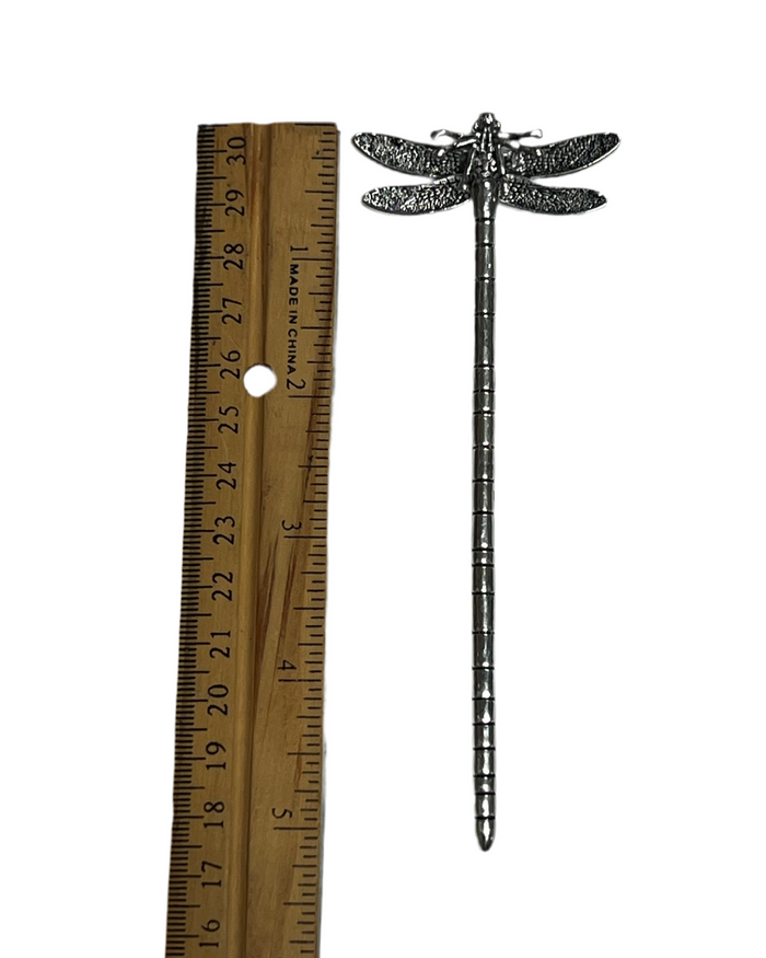 Silver Dragonfly Hair Stick with ruler showing size and length reference.