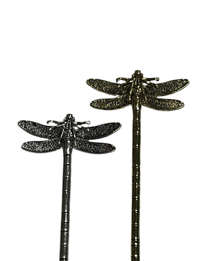 Silver and gold Dragonfly Hair Sticks shown side by side for finish comparison.