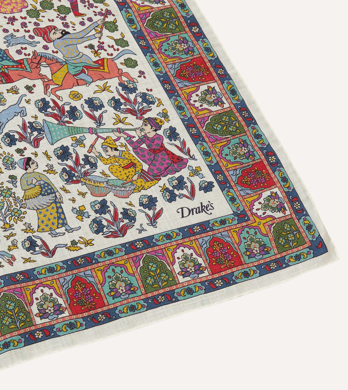 Ecru Floral Mughal Print Wool-Silk Bandana