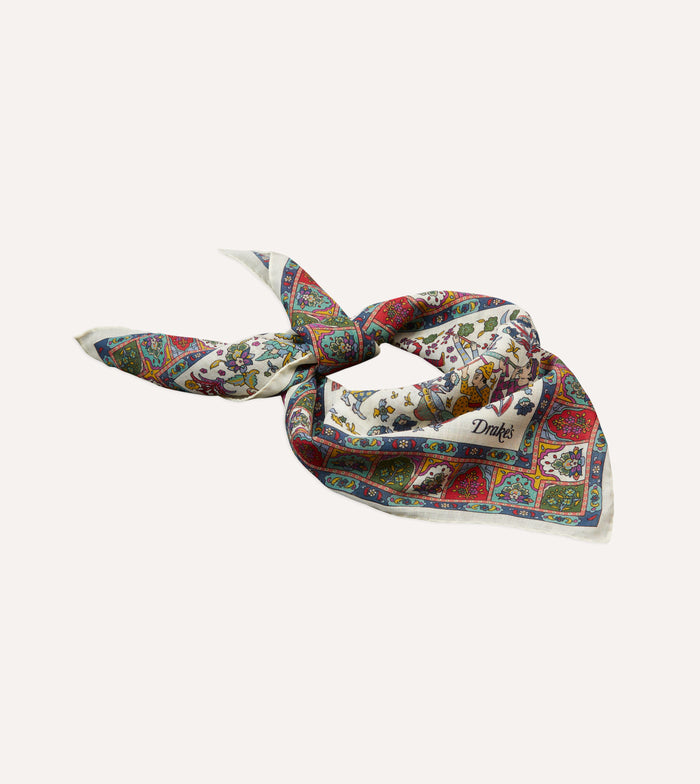 Ecru Floral Mughal Print Wool-Silk Bandana