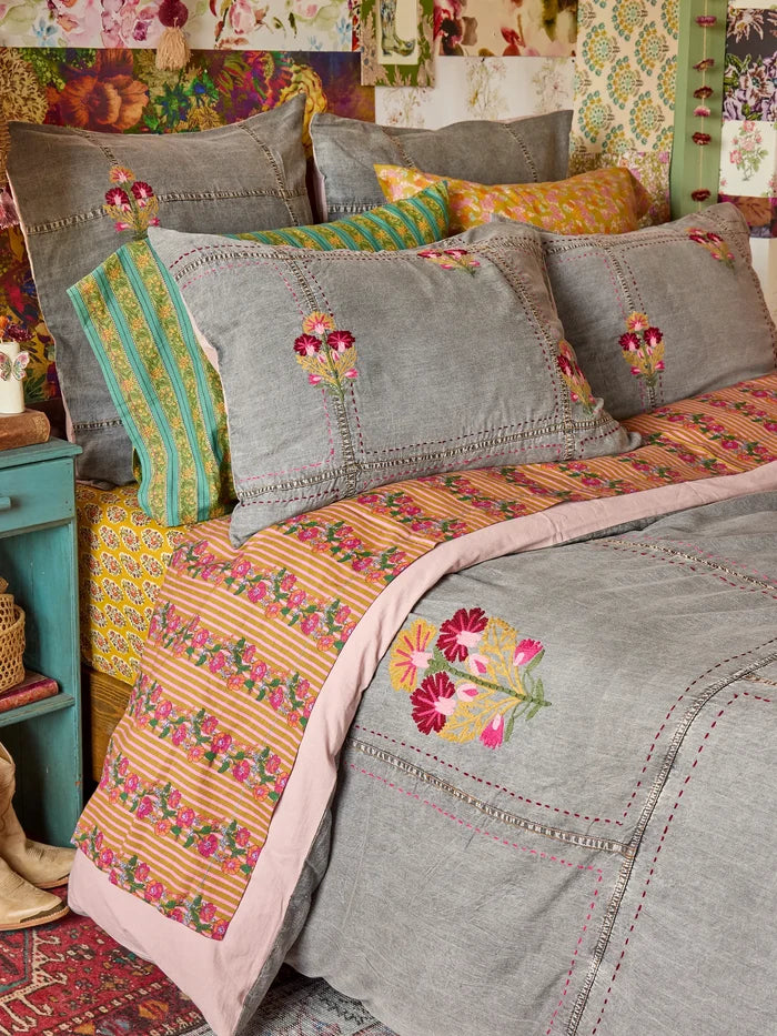 Embroidered Denim Duvet Cover - Light Grey-view 2