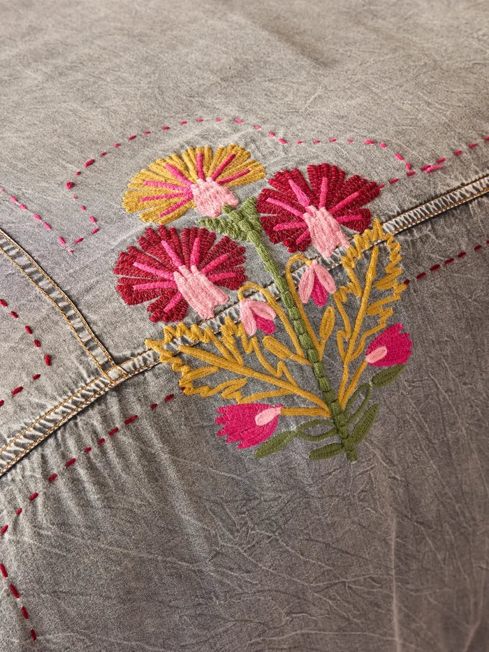 Embroidered Denim Duvet Cover - Light Grey-view 3