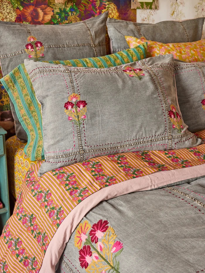 Embroidered Denim Duvet Cover - Light Grey-view 4