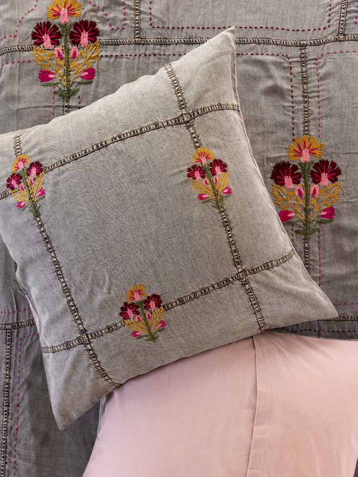 Embroidered Denim Euro Sham - Light Grey-view 1