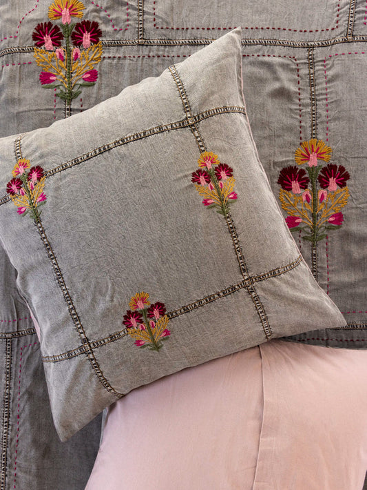 Embroidered Denim Euro Sham - Light Grey-view 1