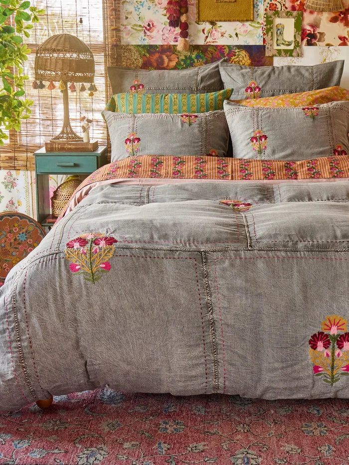 Embroidered Denim Euro Sham - Light Grey-view 4