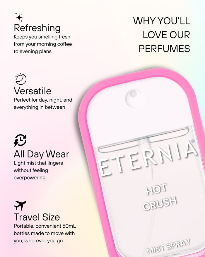 Eternia Hot Crush mist spray bottle with pink frame, shown with usage callouts