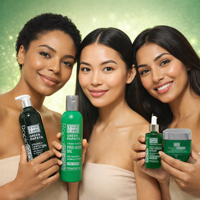 First Lady Green Papaya Brightening Skincare Set – 4 Step Routine with Kojic Acid & Niacinamide | Lotion, Oil, Serum & Cream for Smooth, Even, Glowing, Radiant-Looking Skin