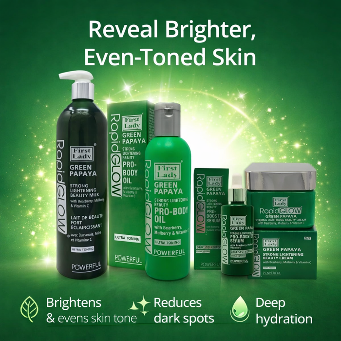First Lady Green Papaya Brightening Skincare Set – 4 Step Routine with Kojic Acid & Niacinamide | Lotion, Oil, Serum & Cream for Smooth, Even, Glowing, Radiant-Looking Skin