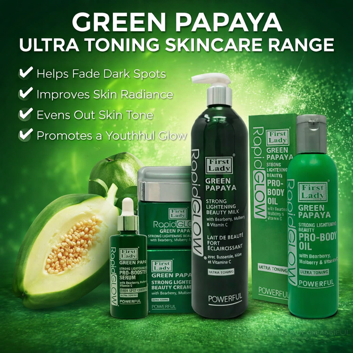 First Lady Green Papaya Brightening Skincare Set – 4 Step Routine with Kojic Acid & Niacinamide | Lotion, Oil, Serum & Cream for Smooth, Even, Glowing, Radiant-Looking Skin