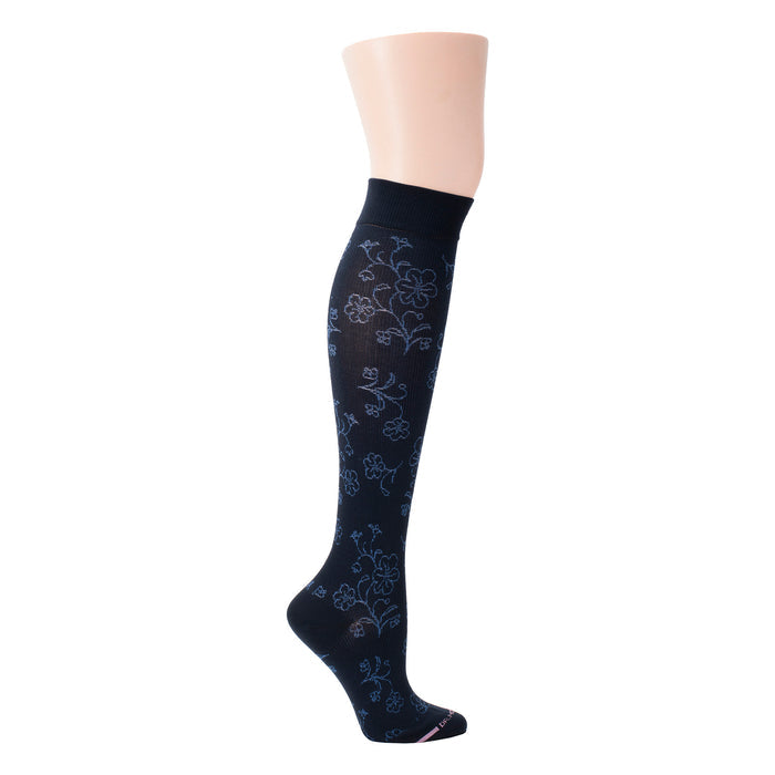 Knee-high compression socks with a floral pattern in dark blue and light blue colors.