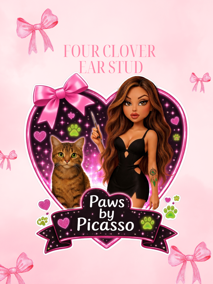 Product card for 'Paws by Picasso' jewelry with a doll and cat illustration on a pink background.