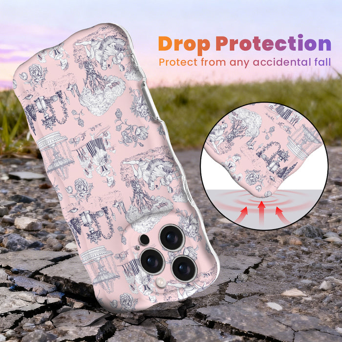 French Affair Wavy Luxe MagSafe iPhone case with a pink and navy toile de Jouy print design from Fancy Bands