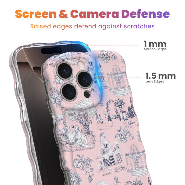 French Affair Wavy Luxe MagSafe iPhone case with a pink and navy toile de Jouy print design from Fancy Bands