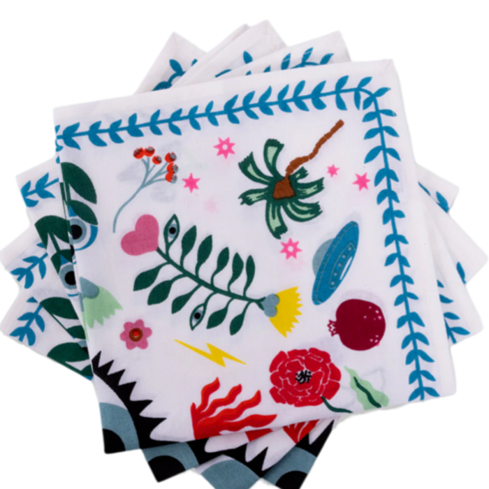 Furbish napkin set, sustainable cloth napkins, handmade napkins India, screen print table linens, cotton dinner napkins, eco-friendly dining accessories, Better Cotton Initiative napkins, colorful reusable napkins, boho table decor, artisan made napkin set