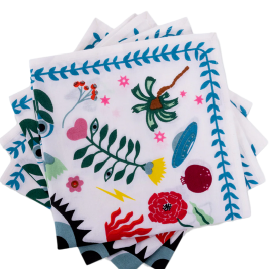 Furbish napkin set, sustainable cloth napkins, handmade napkins India, screen print table linens, cotton dinner napkins, eco-friendly dining accessories, Better Cotton Initiative napkins, colorful reusable napkins, boho table decor, artisan made napkin set