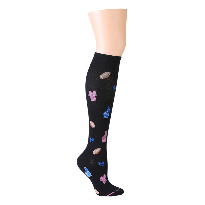 Knee-high black compression socks featuring colorful football and cheer-themed patterns.
