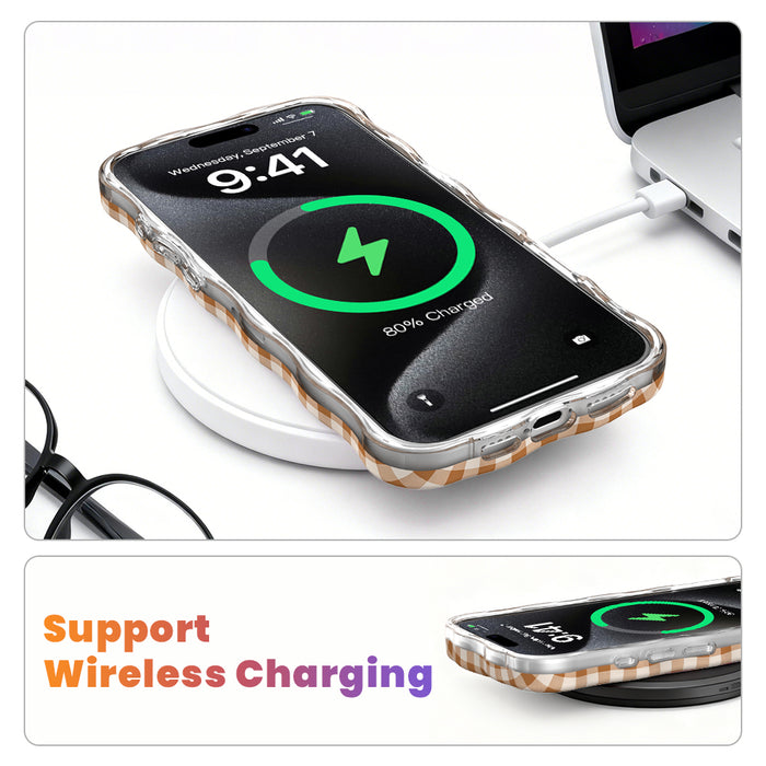 Wireless charging diagram showing the Gingham Pumpkin Girly Wavy Luxe iPhone case charging on a MagSafe pad with the case still on.