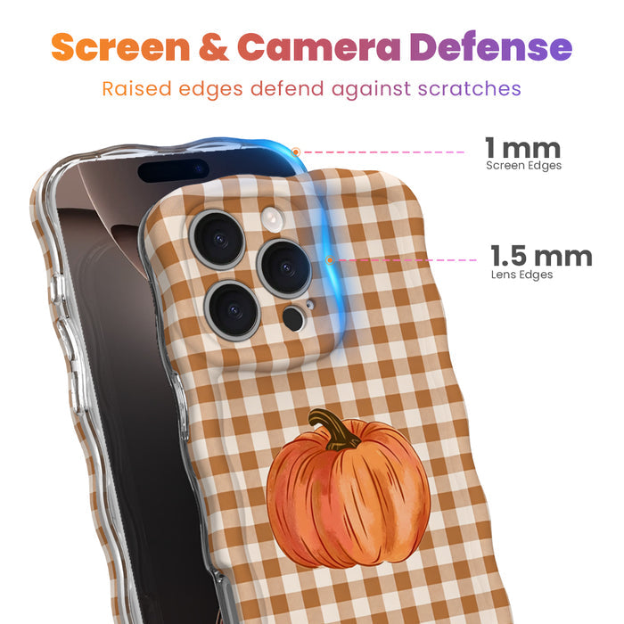 Screen and camera defense diagram for the Gingham Pumpkin Girly iPhone case, showing the 1 mm raised screen edge and 1.5 mm raised lens edge that guard against scratches.