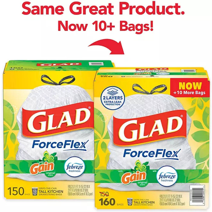 Glad ForceFlex 13-Gallon Kitchen Trash Bags, Gain Original Scent + Febreze - 160 Ct