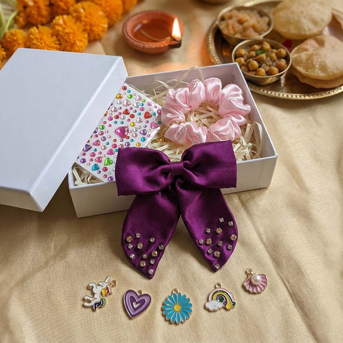 Kanjak gift set with crystal hair bow, charm scrunchie & sticker sheet for girls aged 5–14