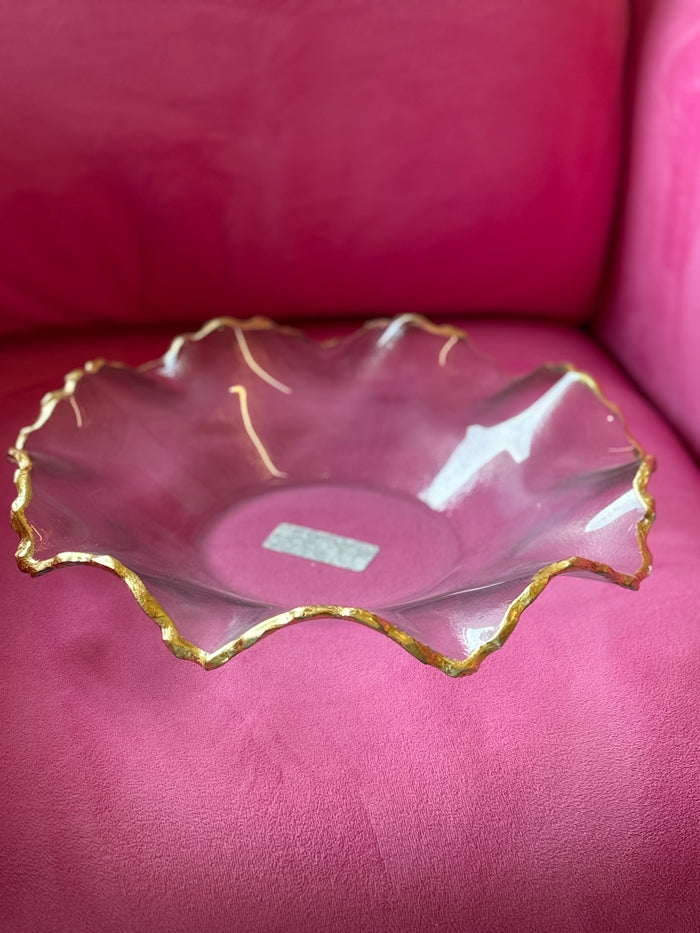 glass bowl ruffled gold edge decorative