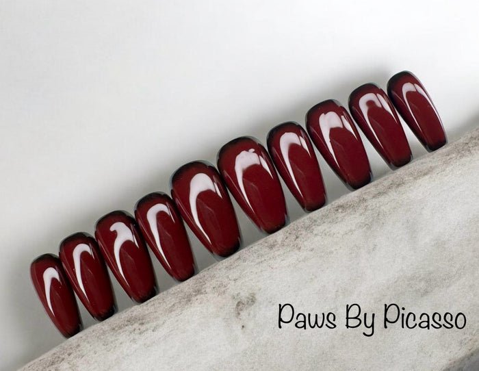 Row of red and black false nails on a textured surface with 'Paws By Picasso' branding.