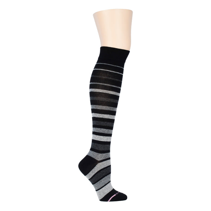 Knee-high compression socks with a graduated stripe pattern in black and gray.