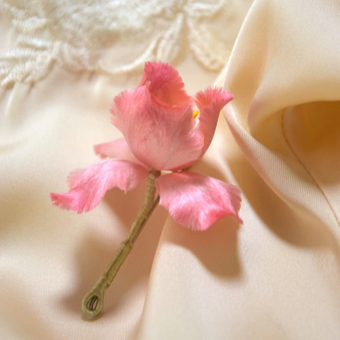 Handmade Ronghua soft pink iris brooch – mulberry silk velvet bearded iris pin