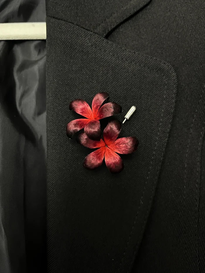 Handmade Ronghua Red-Black Double Flower Brooch | Mulberry Silk Velvet Gradient Blossom Pin